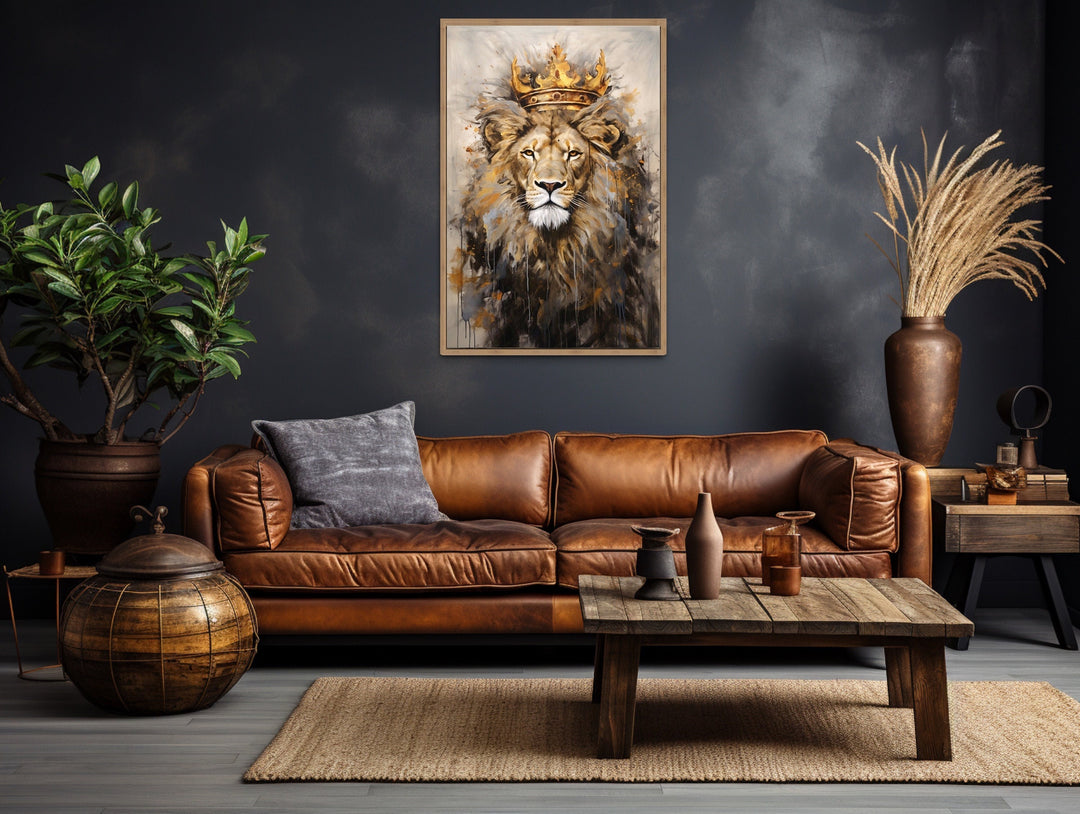 King Lion With Crown Beige Painting Framed Canvas Wall Art For Man Cave