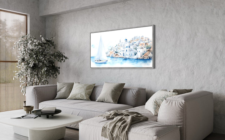 Santorini Sea and Sailboat Framed Canvas Wall Art above couch