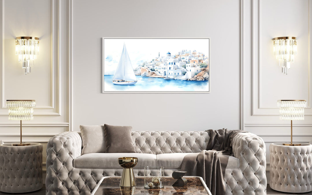 Santorini Sea and Sailboat Framed Canvas Wall Art