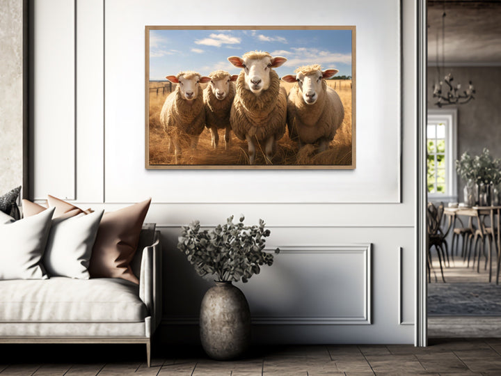 Farm Sheep In The Field Framed Canvas Wall Art