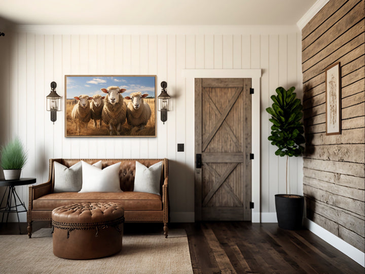 Farm Sheep In The Field Framed Canvas Wall Art in farmhouse