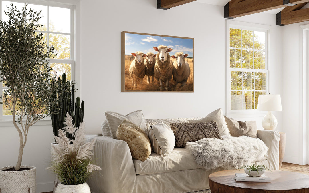 Farm Sheep In The Field Framed Canvas Wall Art in living room