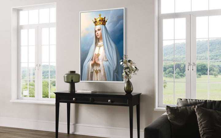 Our Lady of Fatima Blessed Virgin Mary Wall Decor above black side table