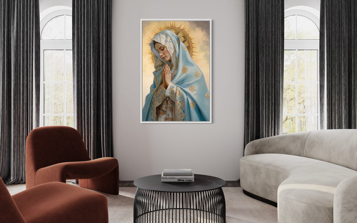 Our Lady of Guadalupe Framed Canvas Wall Art in living room