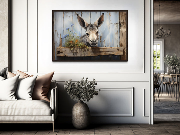 Cute Farm Donkey Rustic Painting on Wood Framed Canvas Wall Art