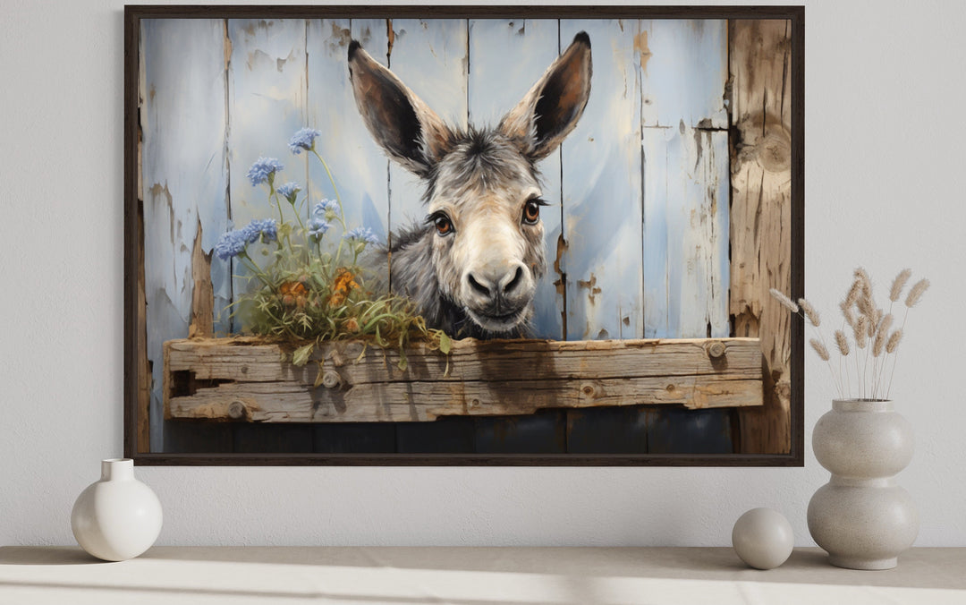 Cute Farm Donkey Rustic Painting on Wood Framed Canvas Wall Art close up