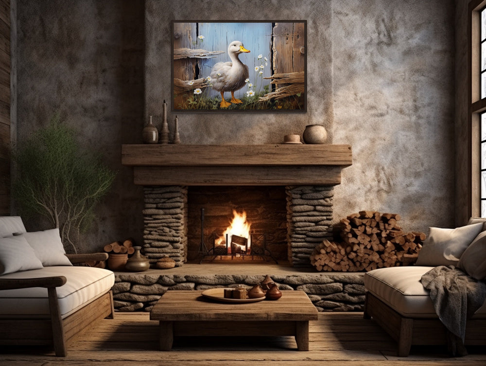 Cute Farm Duck Rustic Painting on Wood Framed Canvas Wall Art above rustic fireplace