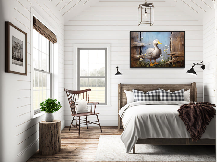 Cute Farm Duck Rustic Painting on Wood Framed Canvas Wall Art above rustic bed