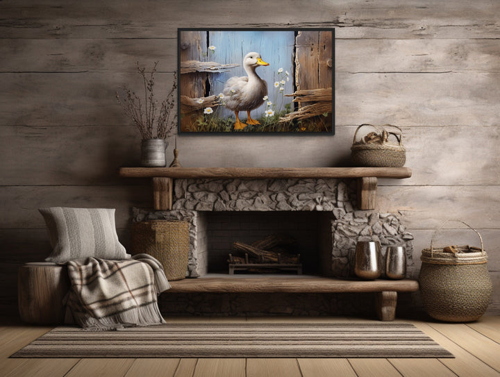 Cute Farm Duck Rustic Painting on Wood Framed Canvas Wall Art above mantel