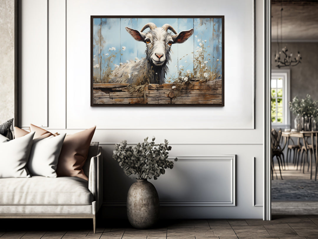 Cute Farm Goat Rustic Painting on Wood Framed Canvas Wall Art