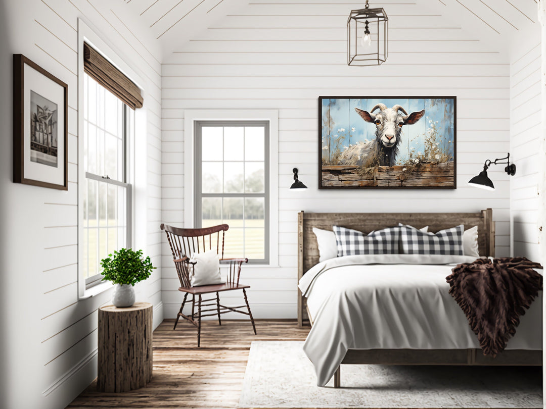 Cute Farm Goat Rustic Painting on Wood Framed Canvas Wall Art in farmhouse bedroom