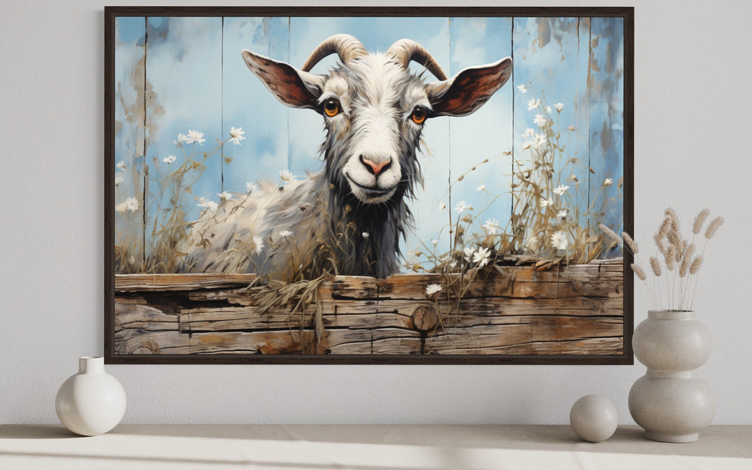 Cute Farm Goat Rustic Painting on Wood Framed Canvas Wall Art close up