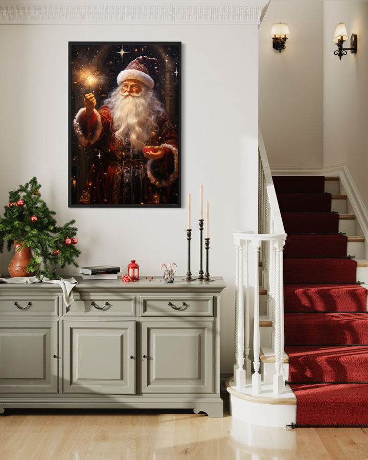 Santa Lighting Sparklers Christmas Framed Canvas Wall Art above mantel