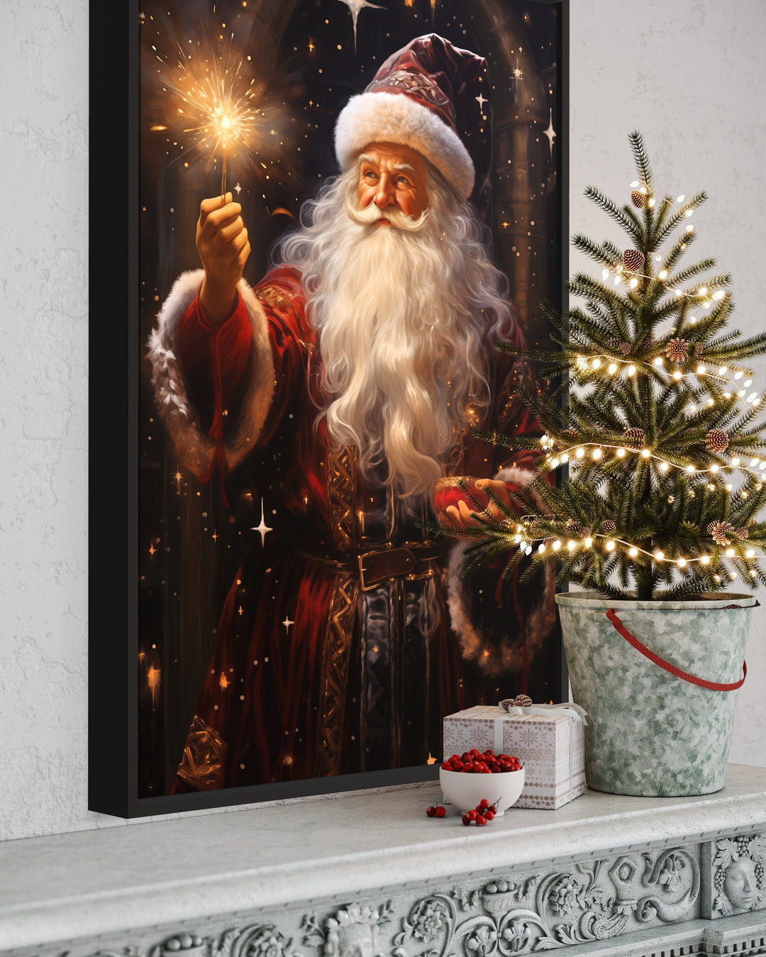 Santa Lighting Sparklers Christmas Framed Canvas Wall Art side view