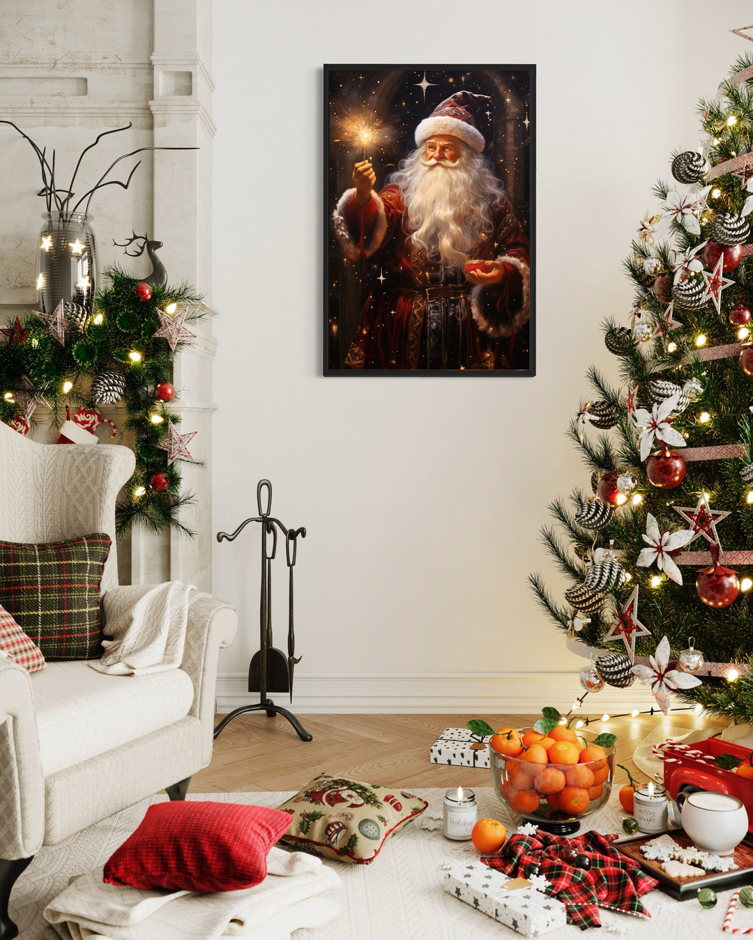 Santa Lighting Sparklers Christmas Framed Canvas Wall Art in christmas decorated room