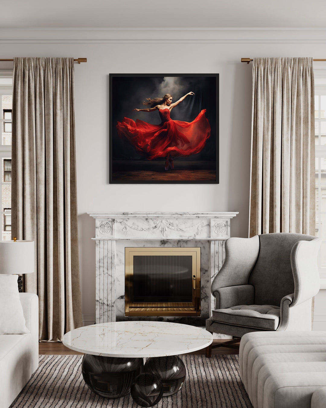 Ballerina In Red Dress Dancing Framed Canvas Wall Art above fireplace