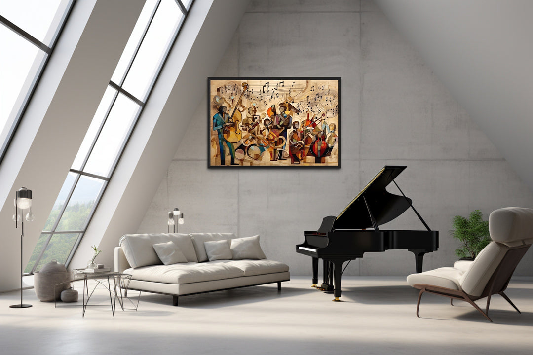 Abstract Jazz Orchestra Framed Canvas Wall Art in music room with piano