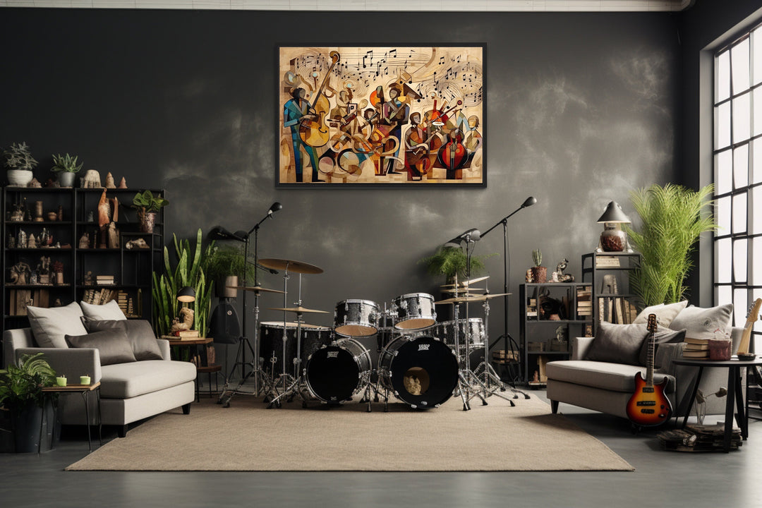 Abstract Jazz Orchestra Framed Canvas Wall Art in music room with drums