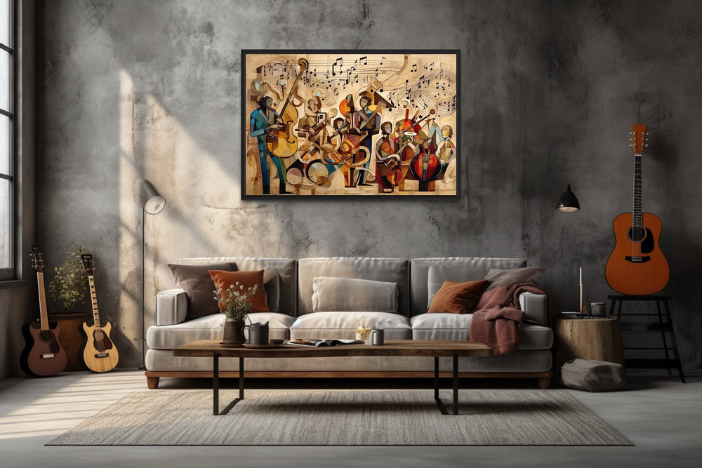 Abstract Jazz Orchestra Music Framed Canvas Wall Art above sofa