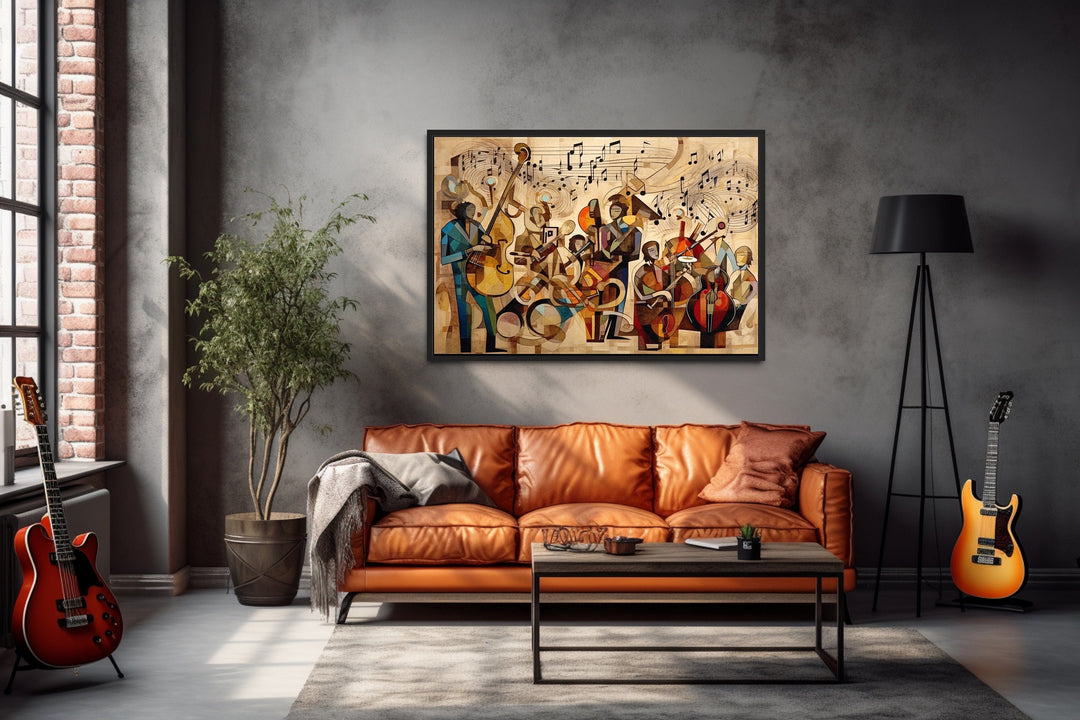 Abstract Jazz Orchestra Music Framed Canvas Wall Art above couch