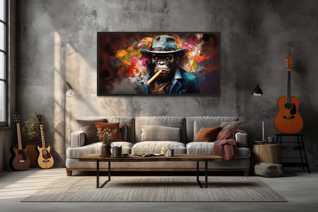 Colorful Gorilla Smoking Cigar Abstract Man Cave Framed Canvas Wall Art in man cave