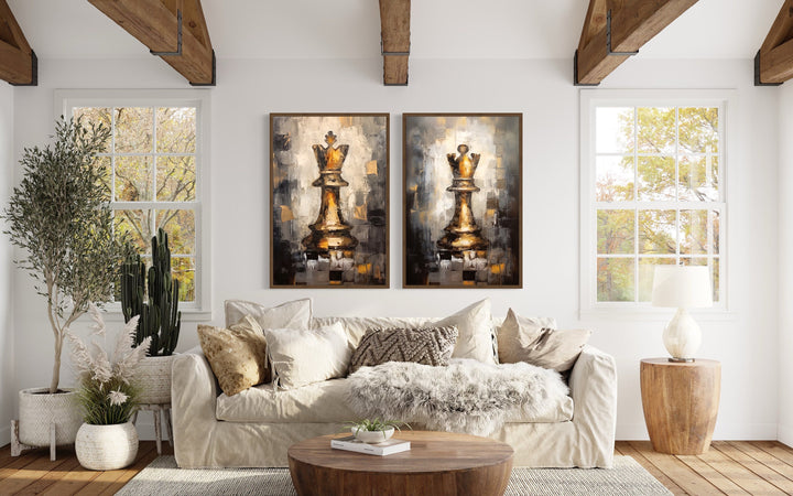Set of 2 Chess King And Queen Romantic Framed Canvas Wall Art above beige couch