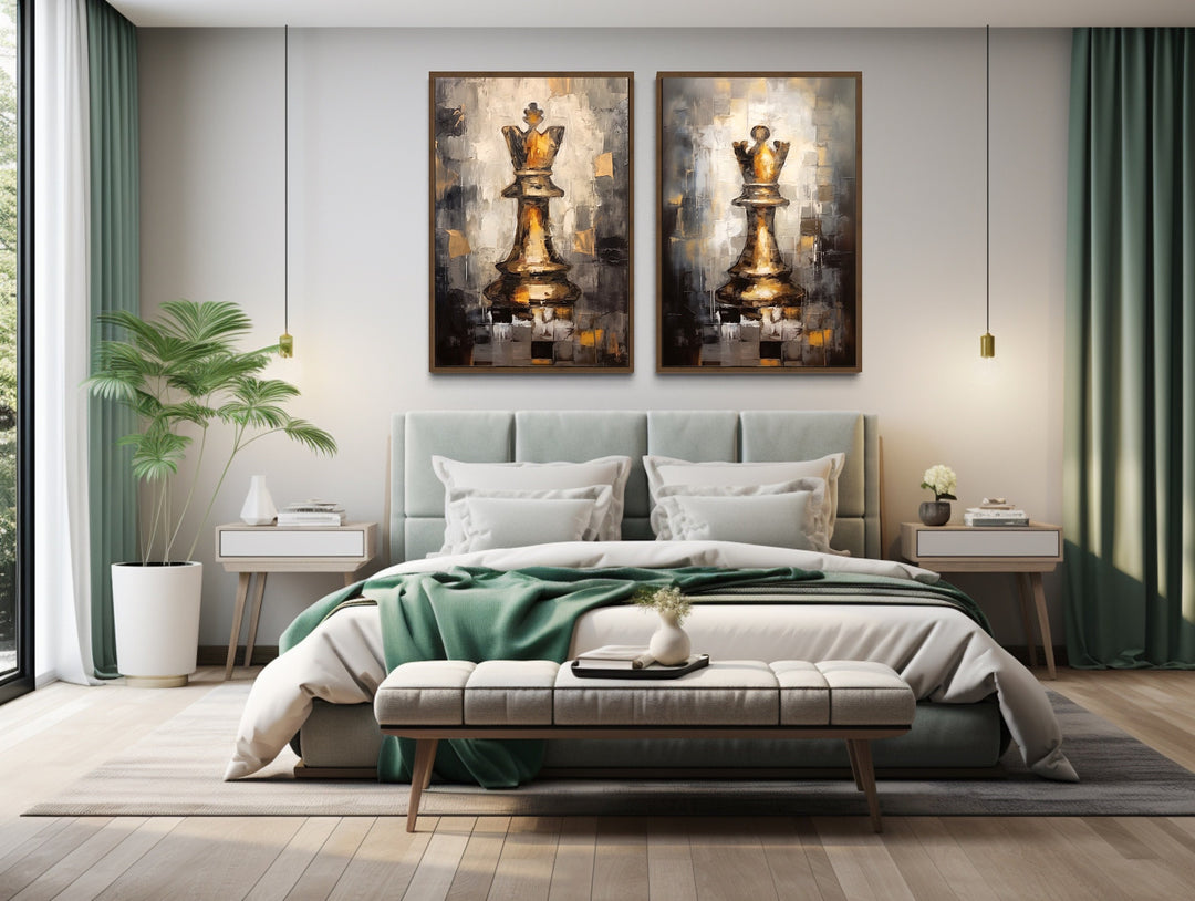Set of 2 Chess King And Queen Romantic Framed Canvas Wall Art in couple's bedroom