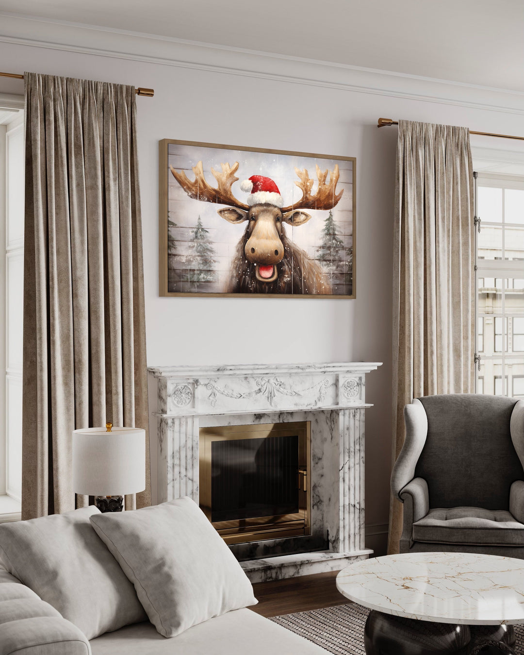 Cute Moose in Santa Hat Rustic Painting On Wood Christmas Wall Art in modern room