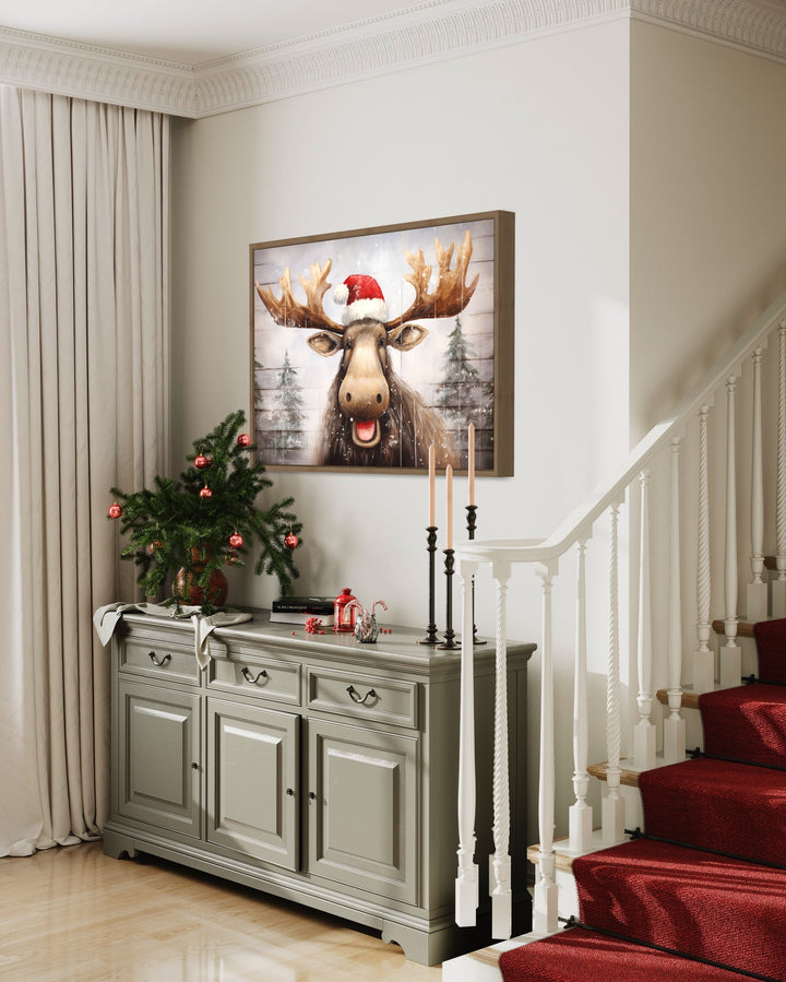 Cute Moose in Santa Hat Rustic Painting On Wood Christmas Wall Art in Christmas decorated room