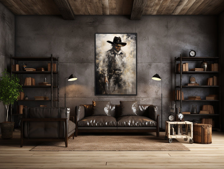 Cowboy With Gun Southwestern Framed Canvas Wall Art in masculine room