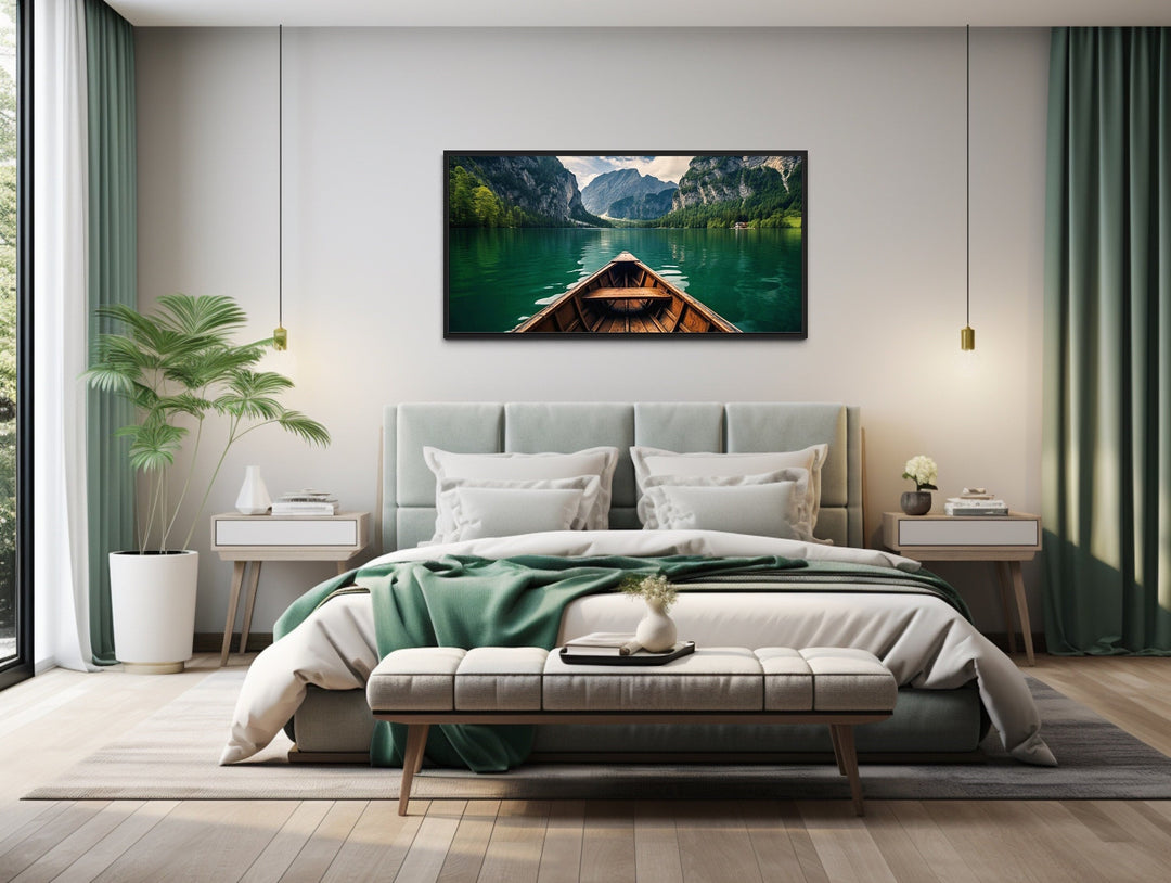 a bedroom with a large bed and a Emerald Green Lake With Wooden Canoe Painting "Lakehouse Tranquility"