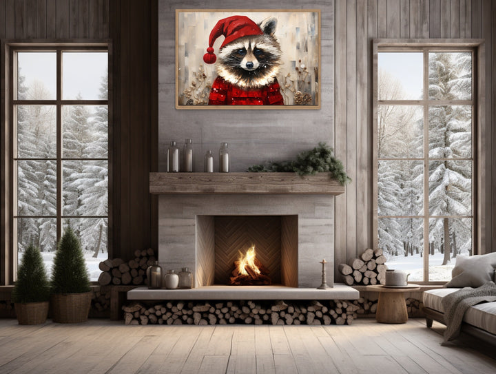 Cute Christmas Raccoon in Santa Hat Framed Canvas Wall Art in winter cabin