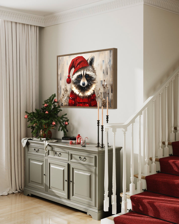 Cute Christmas Raccoon in Santa Hat Framed Canvas Wall Art in christmas decorated room