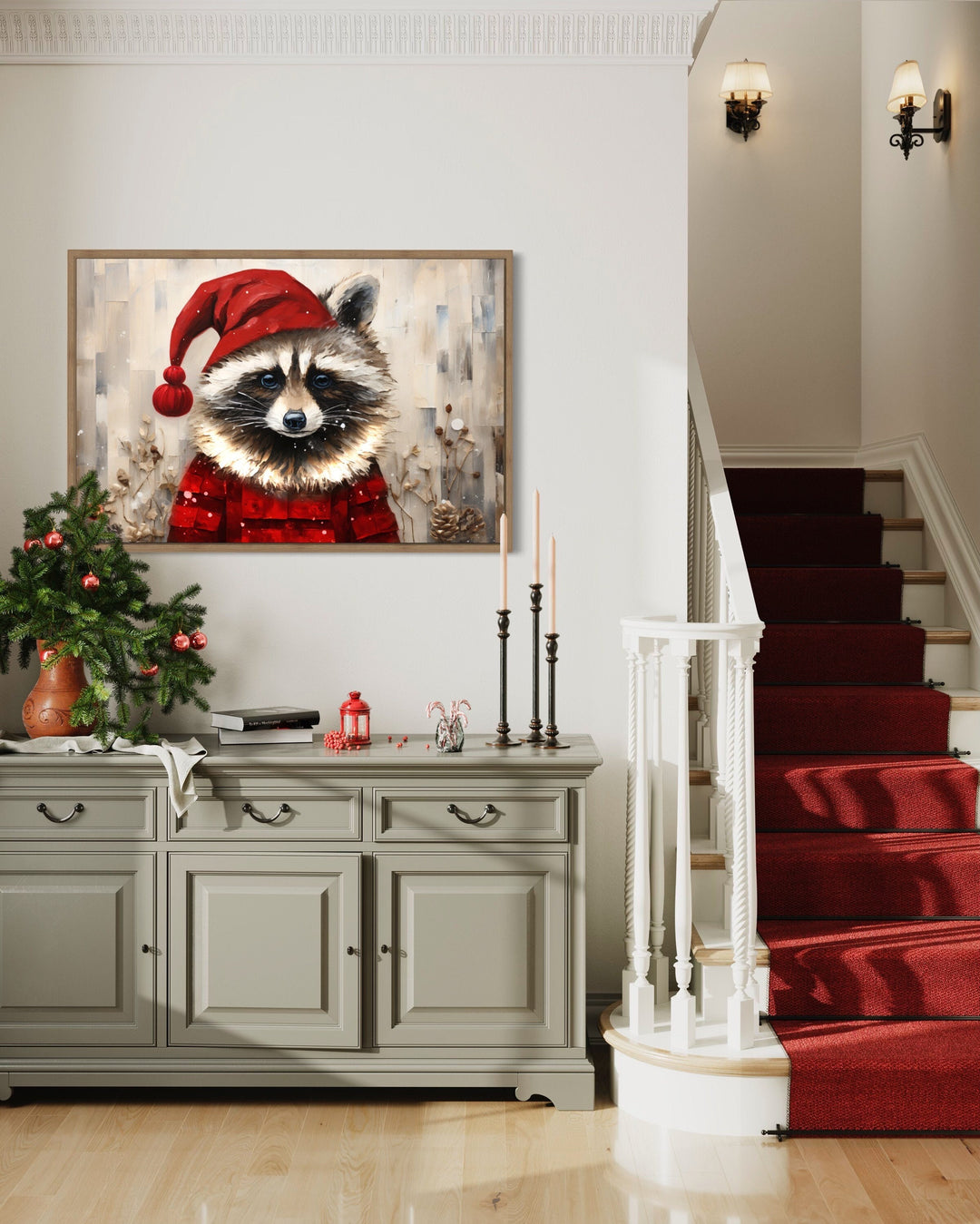 Cute Christmas Raccoon in Santa Hat Framed Canvas Wall Art