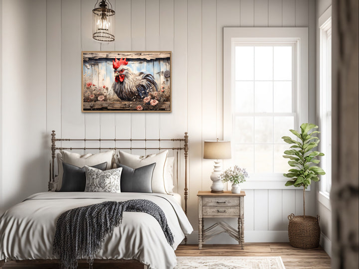 Cute Farm Rooster Rustic Farmhouse Wall Art above bed