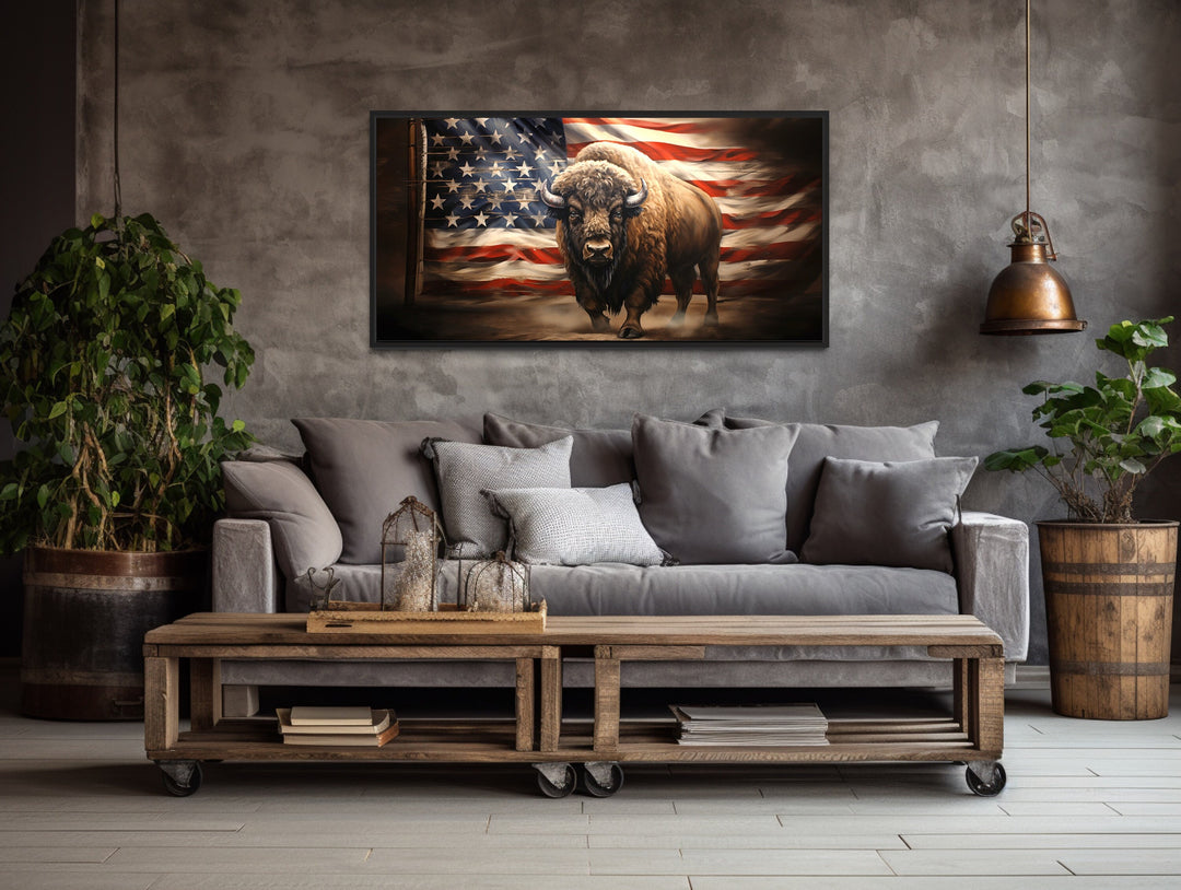 Bison And American Flag Southwestern Framed Canvas Wall Art above grey couch