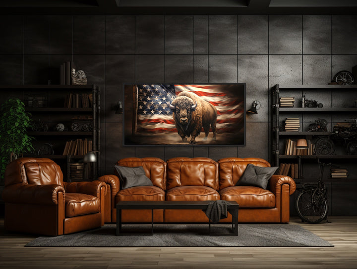 Bison And American Flag Southwestern Framed Canvas Wall Art in man cave