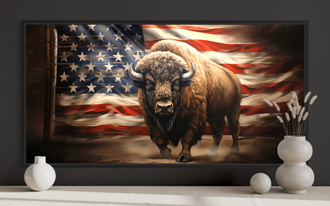 Bison And American Flag Southwestern Framed Canvas Wall Art close up