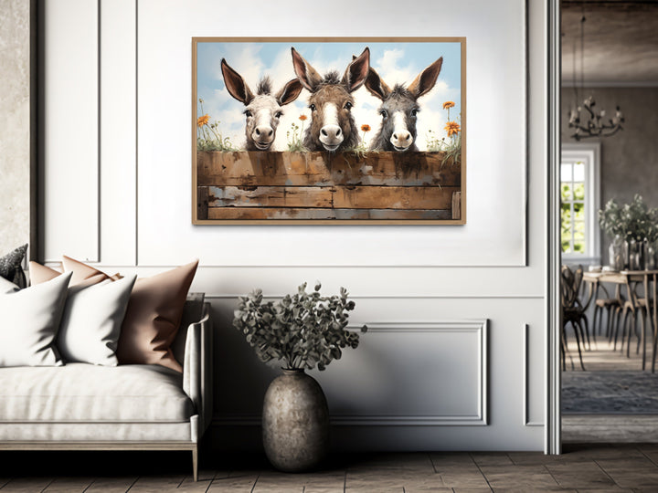 Three Funny Donkeys Looking Through Wooden Fence Farmhouse Wall Art