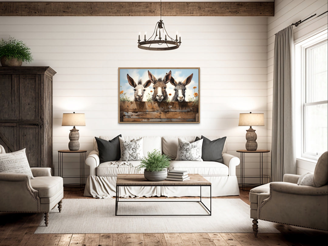 Three Funny Donkeys Looking Through Wooden Fence Farmhouse Wall Art in living room