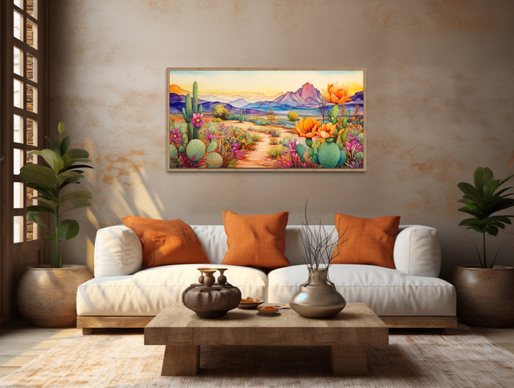 Colorful Arizona Desert Southwestern Wall Art above beige couch