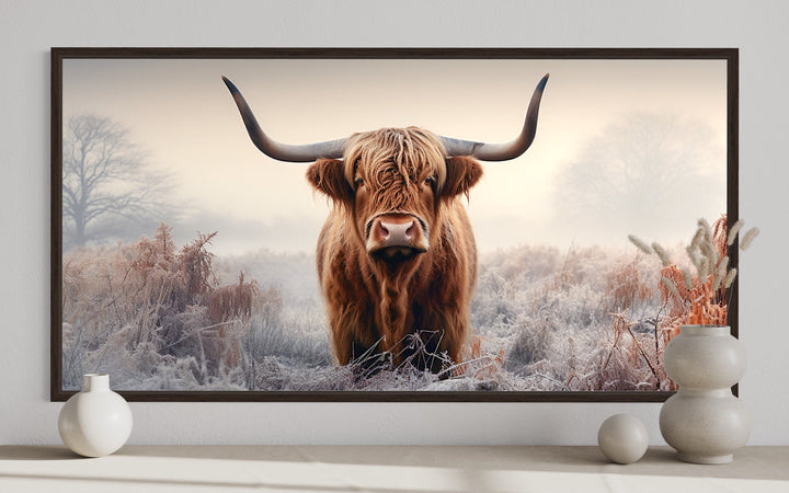 Highland Cow In The Field Sepia Photograph Style Framed Canvas Wall Art close up