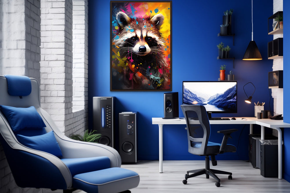 Raccoon Colorful Pop Art Graffiti Framed Canvas Wall Art in game room