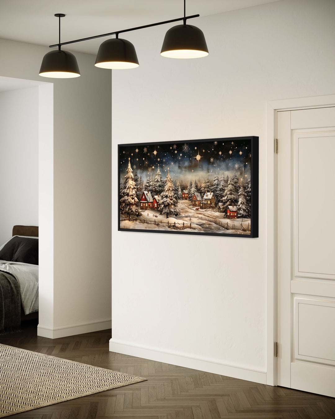 Snow Covered Winter Village At Night Farmhouse Christmas Wall Art in living room