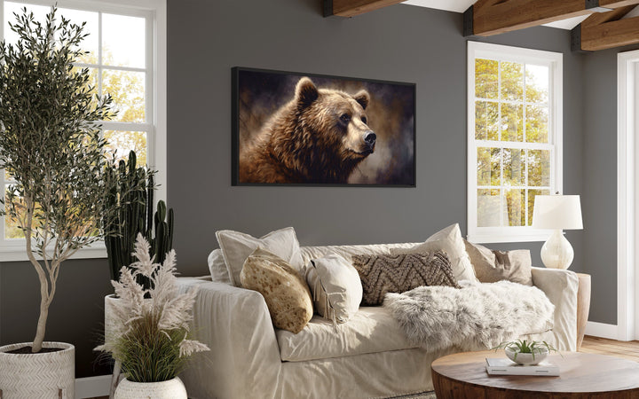 Grizzly Bear Framed Canvas Wall Art above beige couch