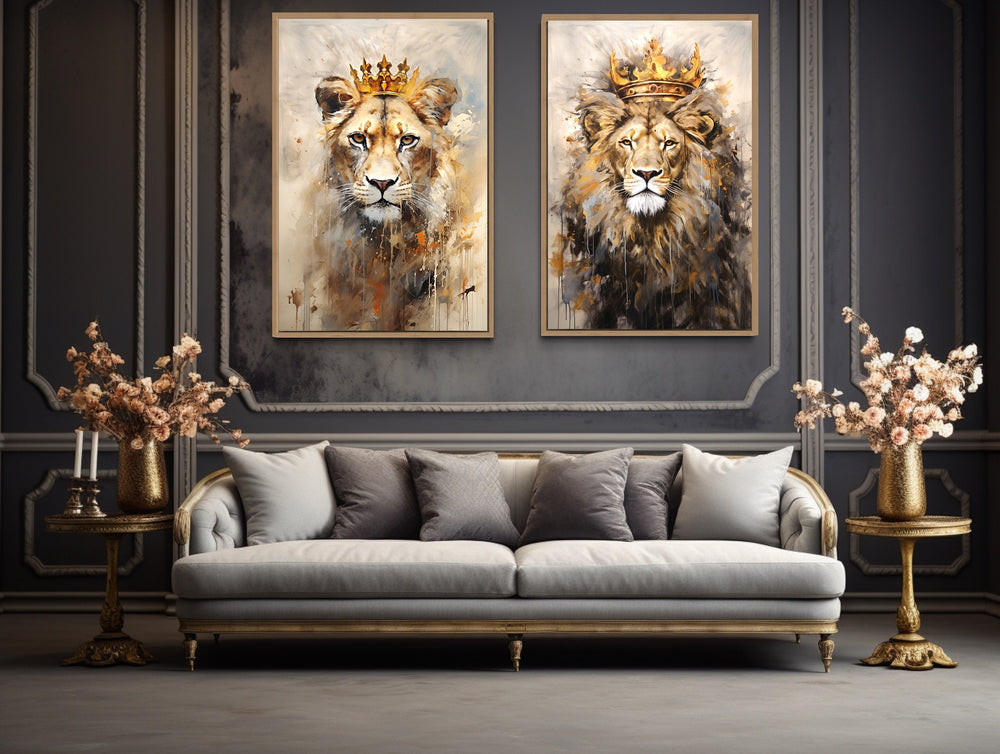 Set of 2 Lion And Lioness Framed Canvas Wall Art