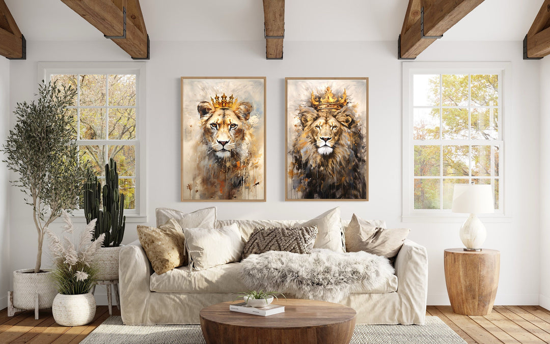 Set of 2 Lion King And Lioness Queen With Crowns Framed Canvas Wall Art
