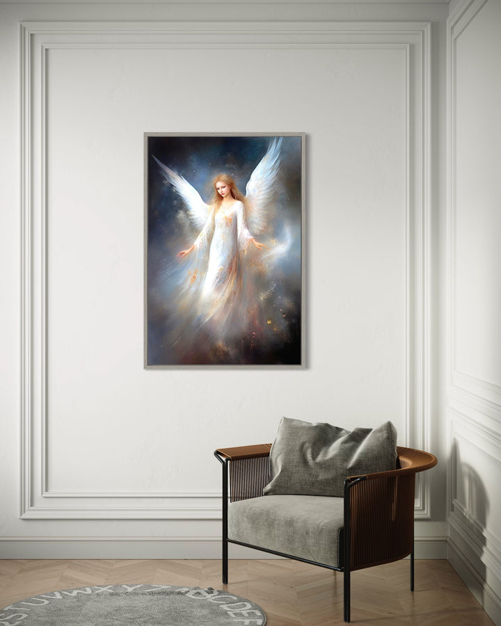 Beautiful White Angel in Heaven Canvas Wall Art behind armchair