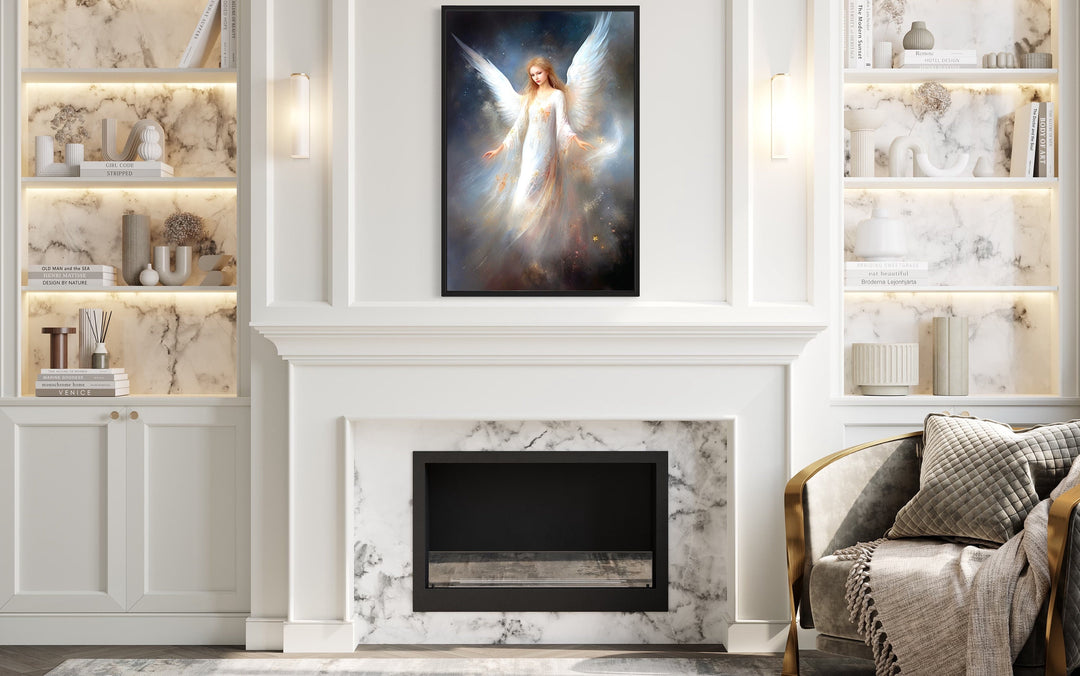 Beautiful White Angel in Heaven Canvas Wall Art above fireplace