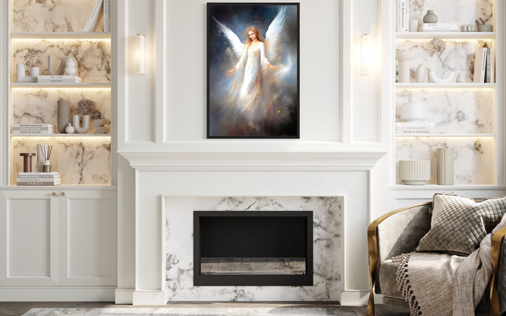 Beautiful White Angel in Heaven Canvas Wall Art above fireplace